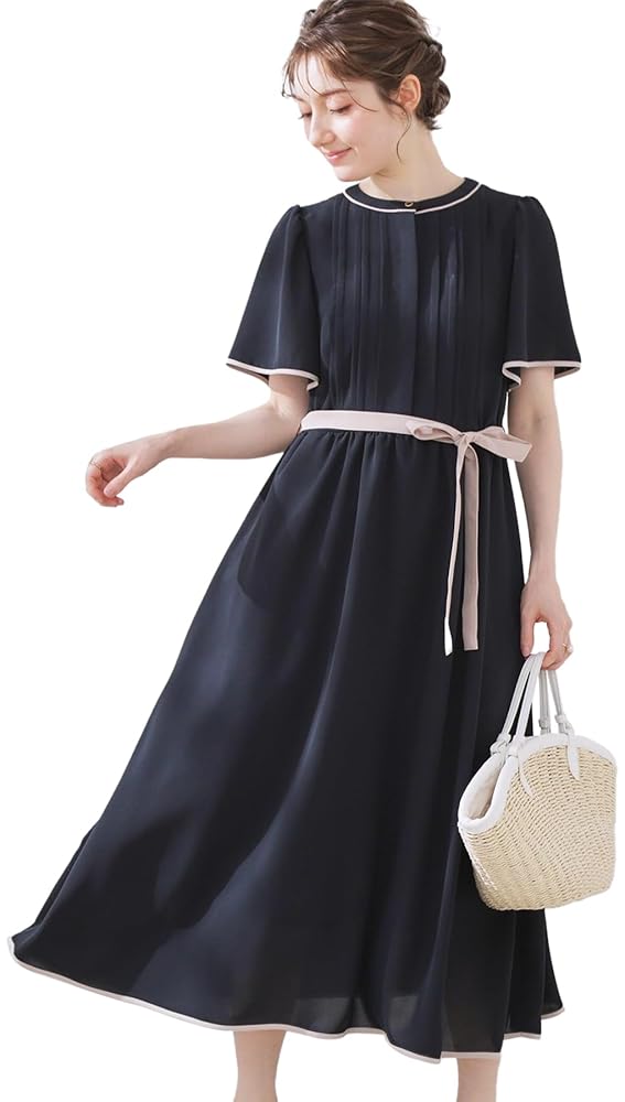 サマーたぬきのページです。クチュールブローチ　タックプリーツ配色ワンピース 配色・きれいめ・通勤】タックプリーツ配色ワンピース（マキシ