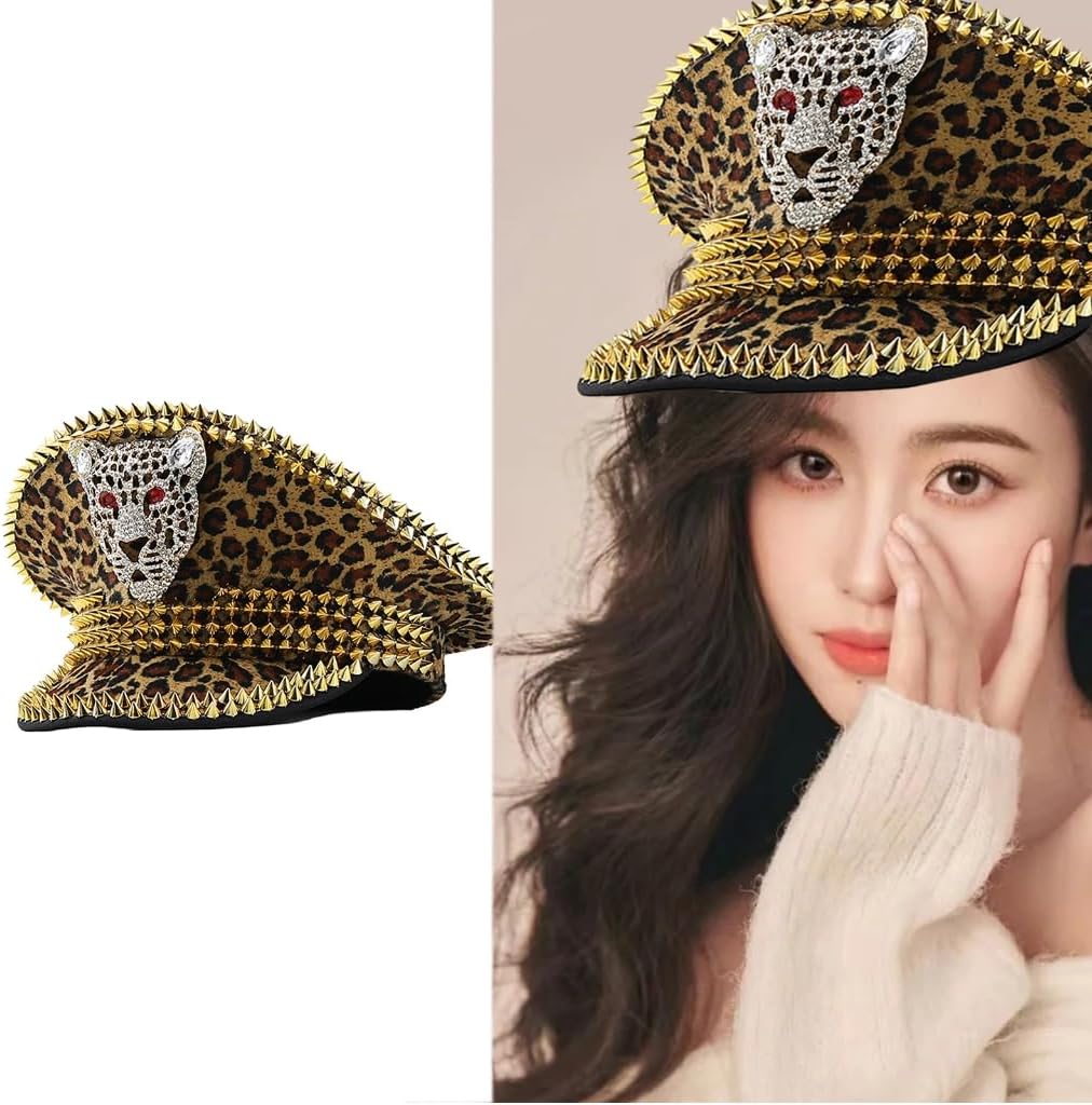 Music Festivals Adult Captain Hat with Rivet Studded Women Christmas Party Hat Prom Stage Performances Military Hat Gold