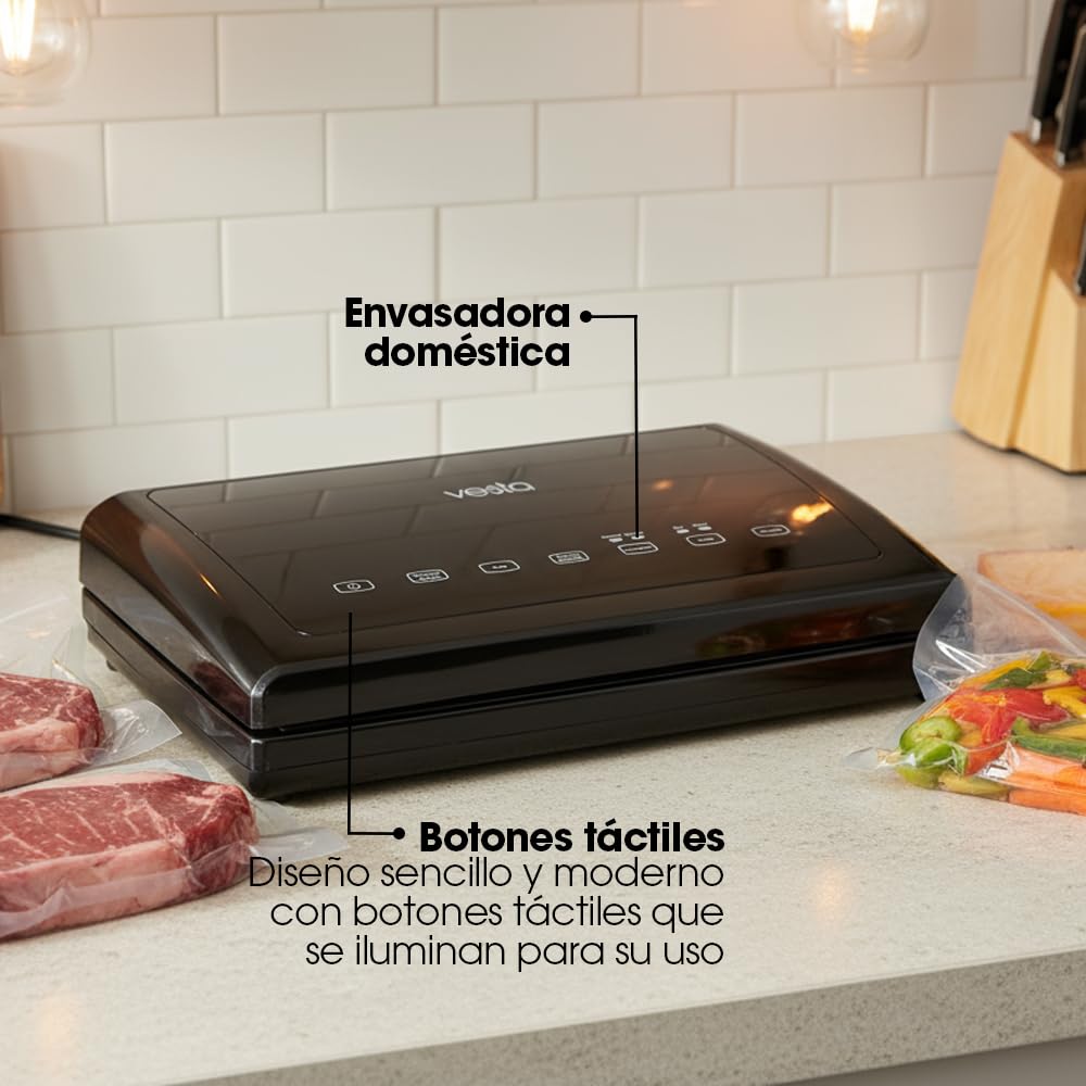 Vesta Precision Envasadora al Vacío Doméstica V11 con Barra de Sellado de 31cm | Panel Táctil con Varias Funciones, Incluye Bolsas de Envsar (Rollo), Color Negro, 8,9x38x19,9cm,