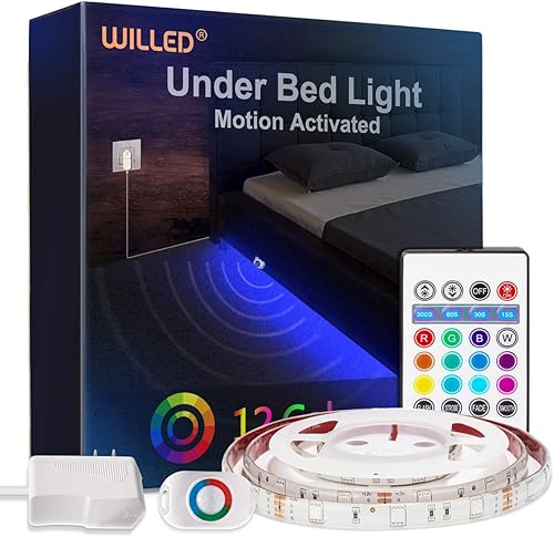 WILLED Tira de luces LED RGB, sensor activado por movimiento de luz debajo de la cama, control remoto RF con temporizador, tira de iluminación que disponible en Yaxa Colombia