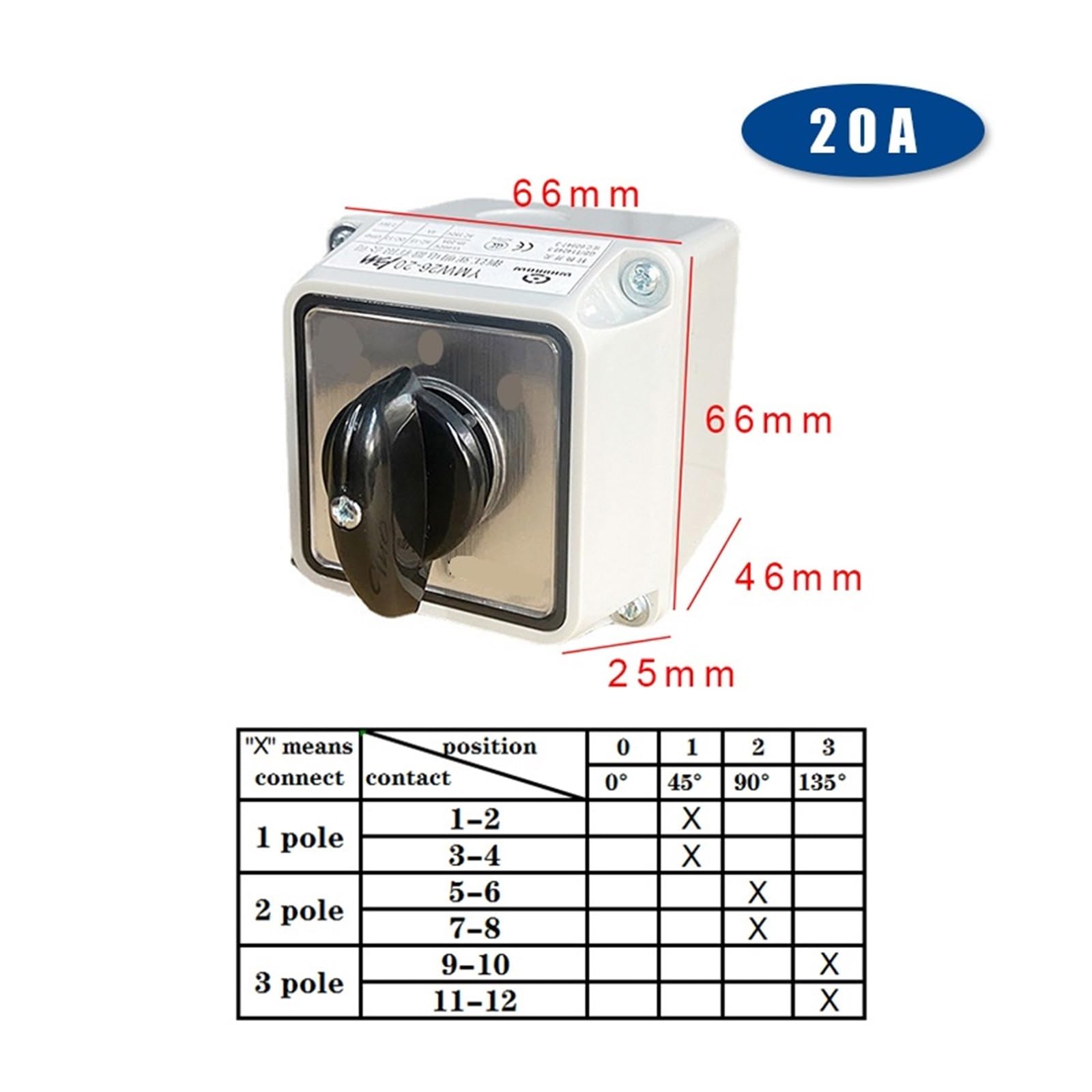 YMW26-20/3M Interruttore universale a camma rotante di commutazione 20A 3 livelli posizioni con custodia impermeabile Controllo doppia alimentazione(Switch with box 0123)