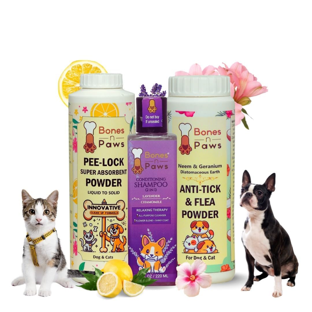 BONES N PAWS Pet Care Combo of 3 β Anti-Tick Flea Powder 300g, Pee-Lock Absorbent Powder 300g, All Purpose Shampoo 220ml for Dogs and Cats, Pet Coat Care 3