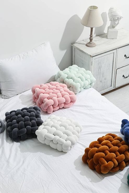 MOJUN Knot Throw Pillow Home Decoration Plush Cushion, Square Handmade Woven Knotted Pillow for Kids Room Sofa Bedroom Living Room Office Decor, Black
