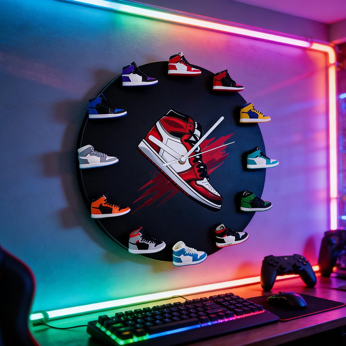 Orologio da parete decorativo con 12 mini sneakers, orologio 3D a forma di scarpe da basket, regalo per amici uomini e donne (Nero retrò)