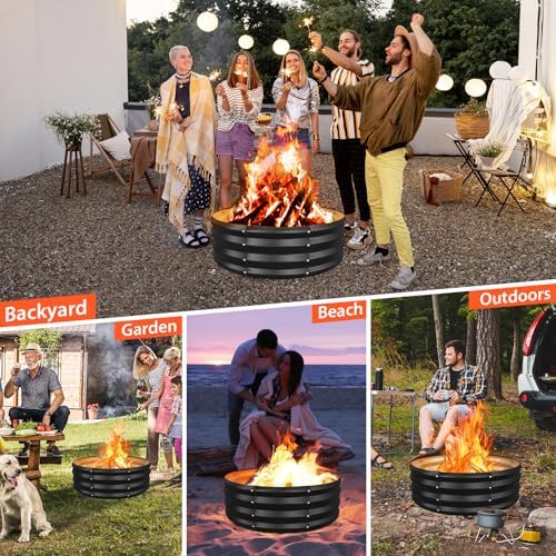 YSEJOMP 60 Inch Round Galvanized Fire Pit Ring/Fire Ring - Foldable and Perfect for Outdoor Gatherings and Campfires in The Yard/Garden/Park/Beach (Black+Gray, 5 FT Diameter+1 FT Tall) - 4