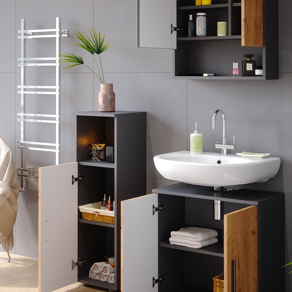 Vicco Set mobili bagno Irma, Rovere dorato/antracite, 80 cm, composto da mobile sottolavabo, specchiera e mobile medio