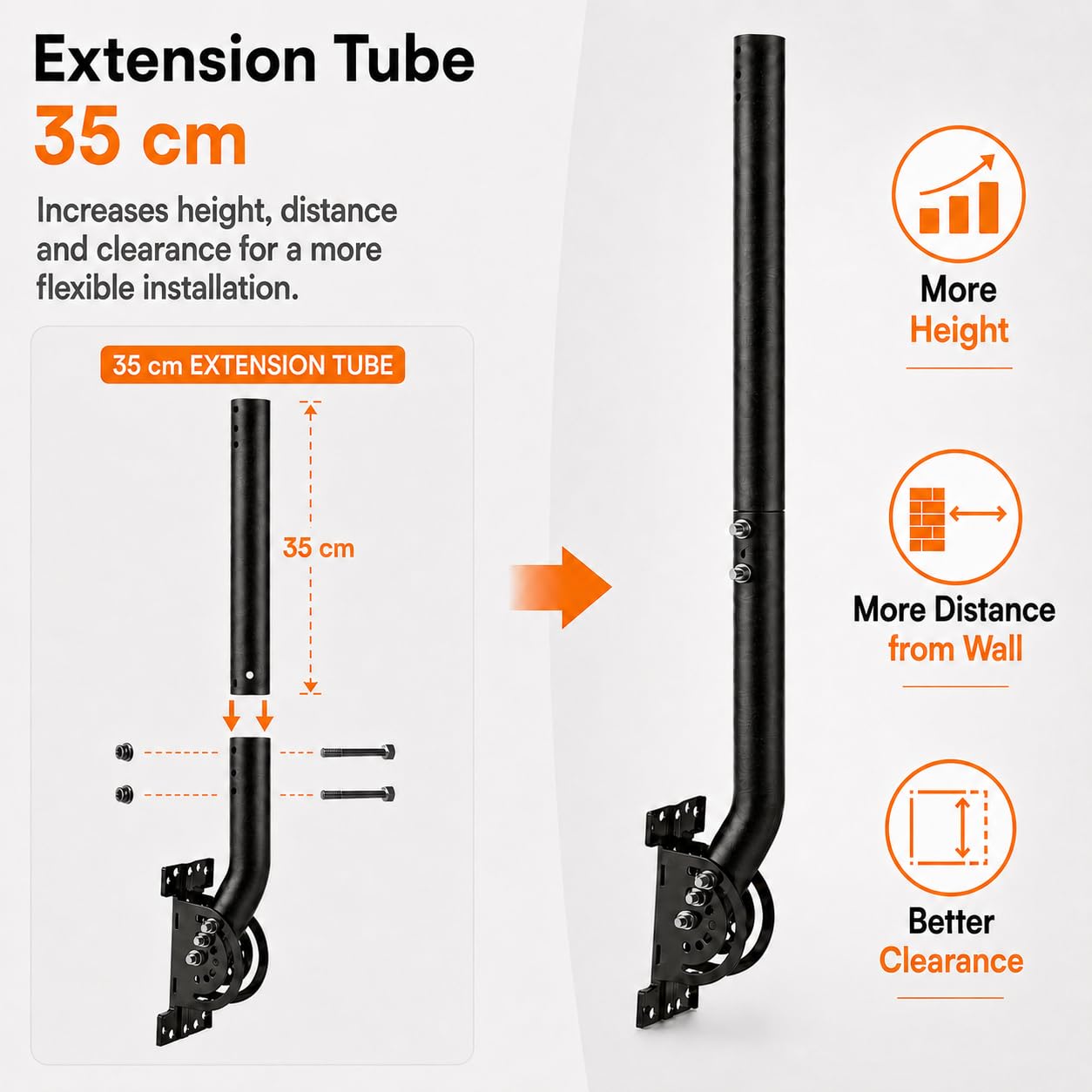 Kit Support d’Antenne Mural 33 cm avec Tube d’Extension 35,5 cm, Mât en J Réglable, Fixation Extérieure Noire pour Antenne TV, Pont WiFi, Point d’Accès, Station Météo