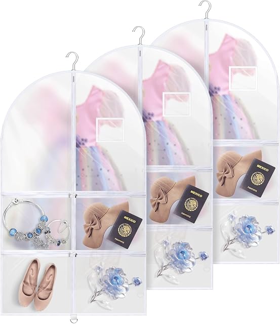 40 Sacs de danse de pouce (3 Boîte) – Effacer PVC Sacs de costume avec 4 Poches zippées et design suspendu pour enfants et danseurs, parfaits pour les voyages, les concours de danse et le rangement de placards