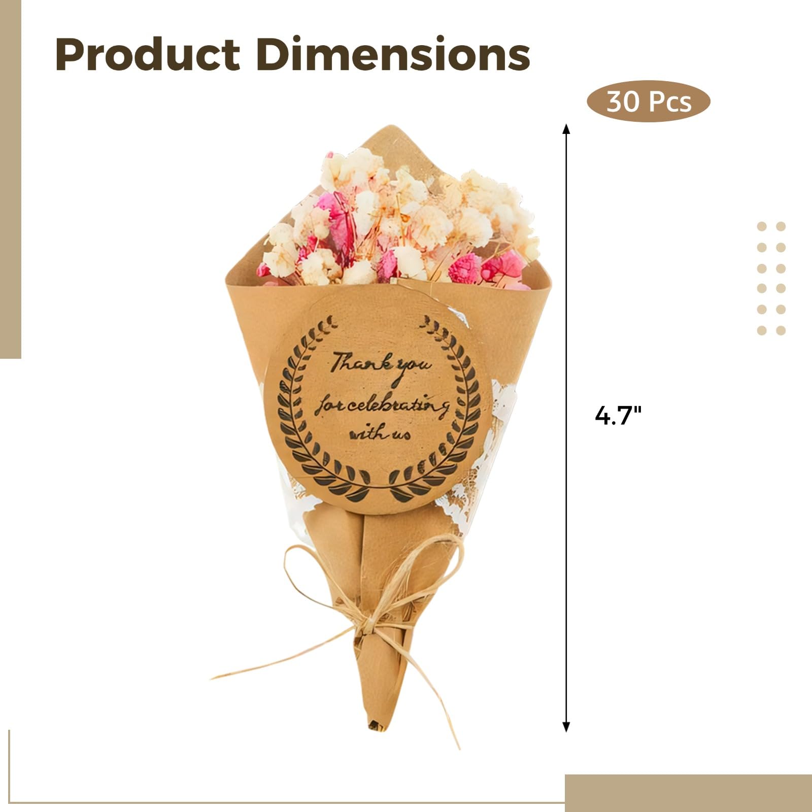 30 pièces Mini Bouquets de Fleurs séchées pour décoration de réfrigérateur, cônes en Papier avec Message Merci, décoration en Toile de Jute Naturelle, idéal pour la Maison et Les Cadeaux