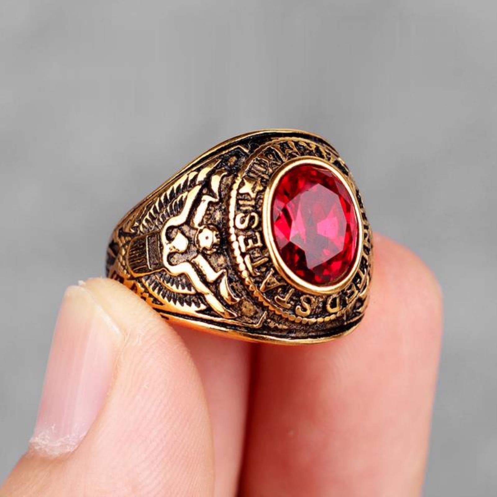 Xjruixi Men's Gold-Red Stainless Steel Rings Rhinestone United States Army Punk Hip Hop For Biker Boyfriend Jewelry Creativity Gift Wholesale