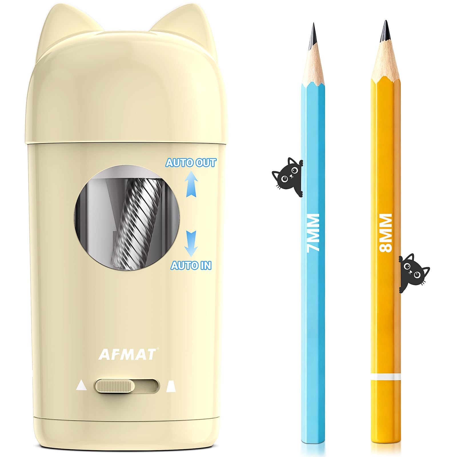 AFMAT Electric Sharpener with Container, Cute Pencil Sharpener with Cat Ears, Fully Automatic & Rechargeable, Auto in Out for 7-8mm Pencils,Gift for Kids Artists Home School Studio Use,Off White PSX9