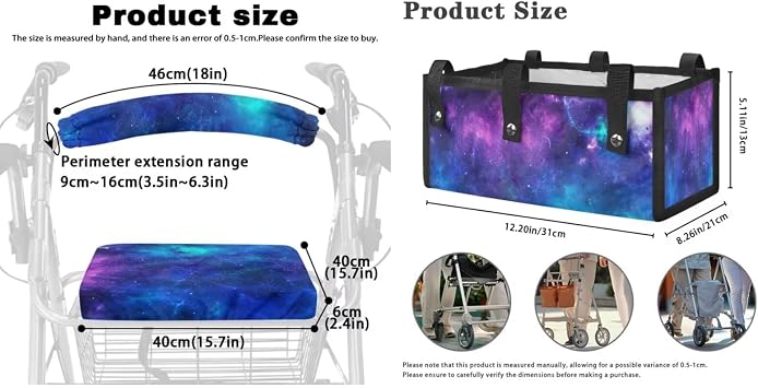 LedBack 3 Pcs Sets Rollator Walker Accessories Galaxy Print Universal Fit Walker Seat Cover Rollator Walker Seat & Backrest Covers, Rollator Storage Under Seat Bag