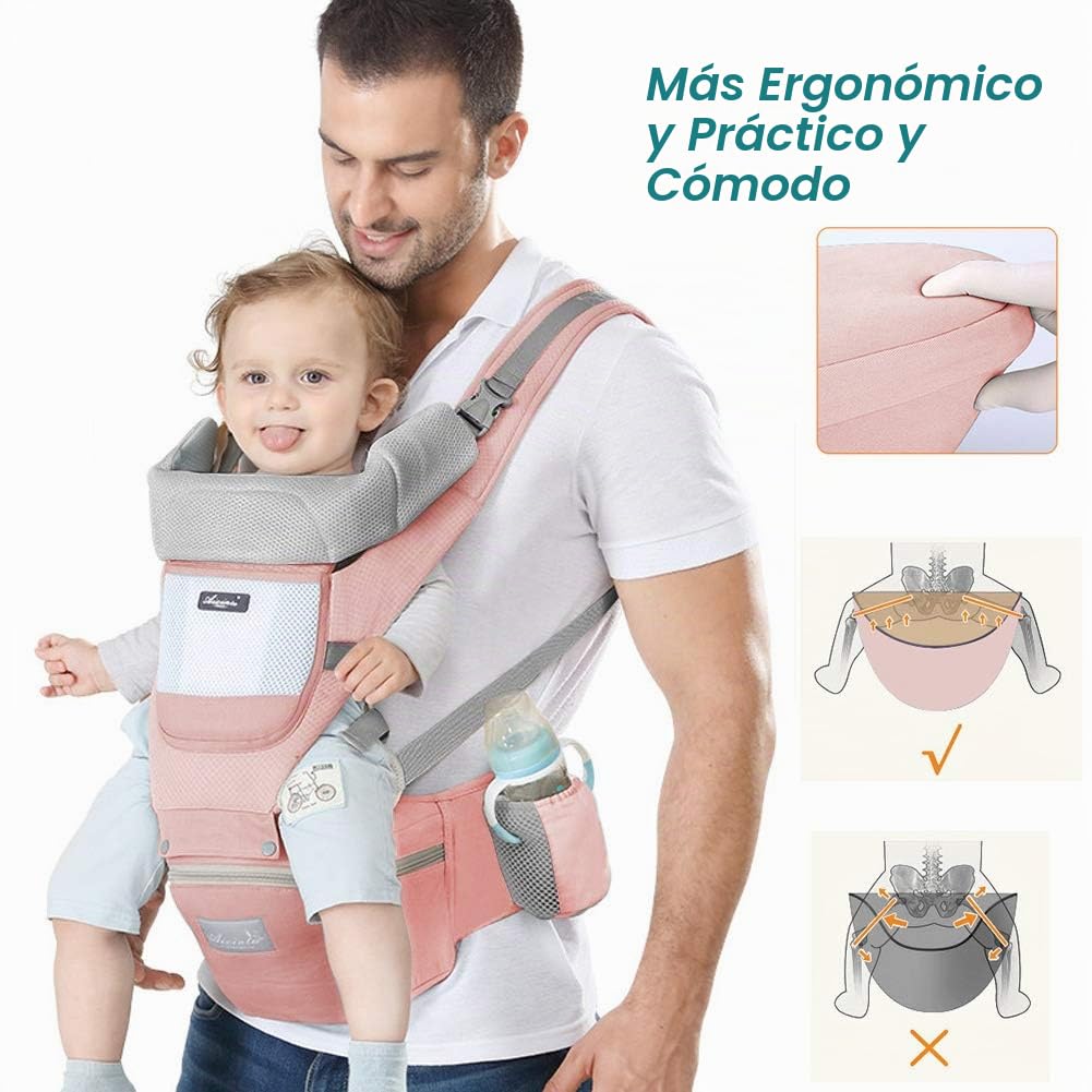 Portabebes Ergonómico con Asiento, de puro algodón transpirable y ligero, Porta Bebes Recien Nacidos de 0 a 36 meses (inferior a 25 kg), con reposacabezas y capucha, rosa