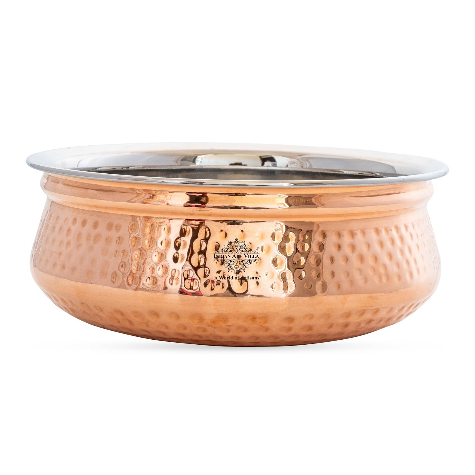 INDIAN ART VILLA Steel & Copper Serving Handi Bowl, 1350ml (Copper & Silver)