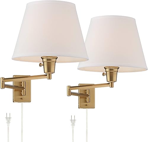 Miniatura 2 de 360 Lighting Clement - Juego de 2 lámparas de pared modernas con brazo oscilante, color dorado cálido, pantalla de lino blanco con tapa dura para