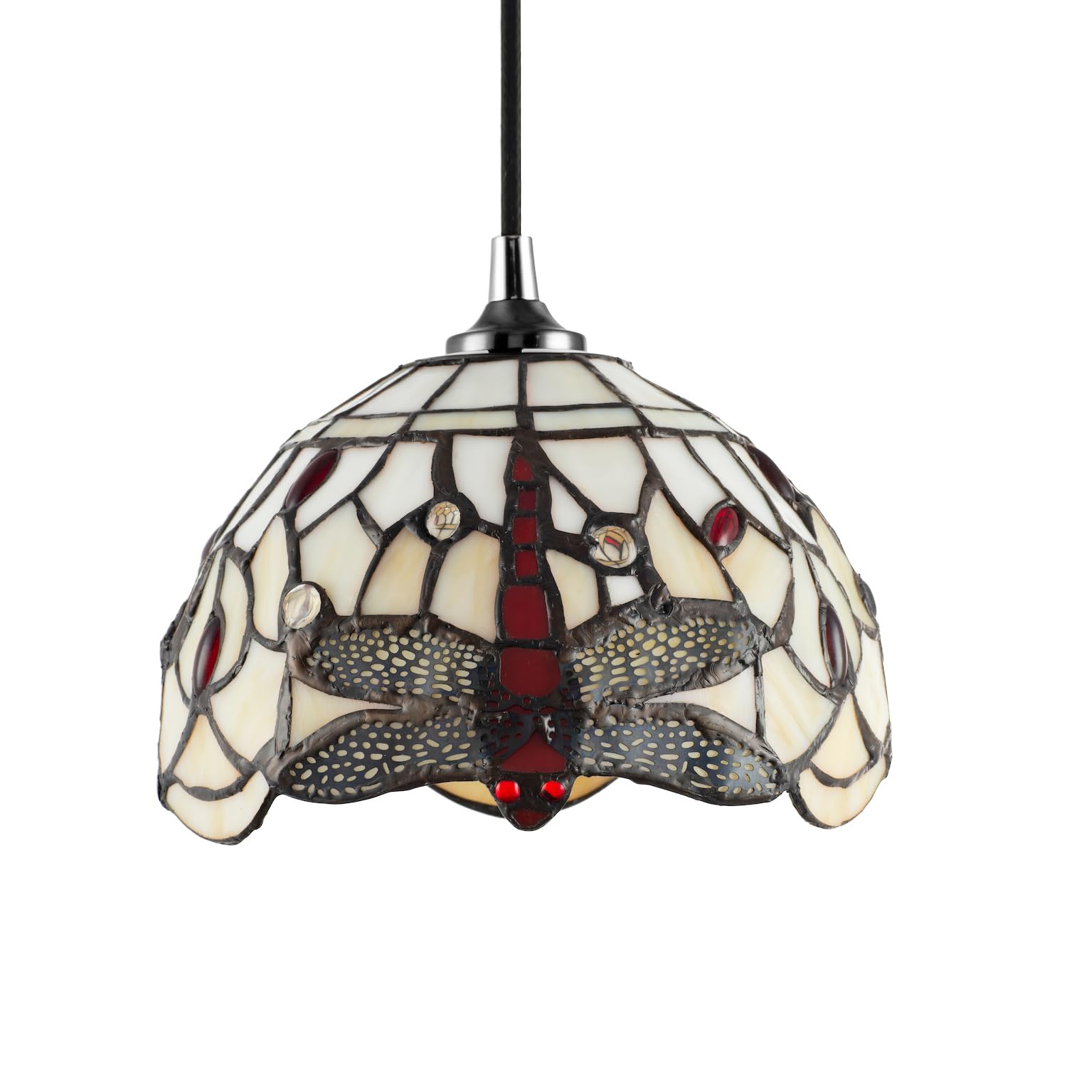 Traditional Dragonfly Themed Opal White Stained Glass Tiffany Pendant Lighting Shade with Red and Clear Beads | 20cm x 14cm | 40w Maximum by Happy Homewares