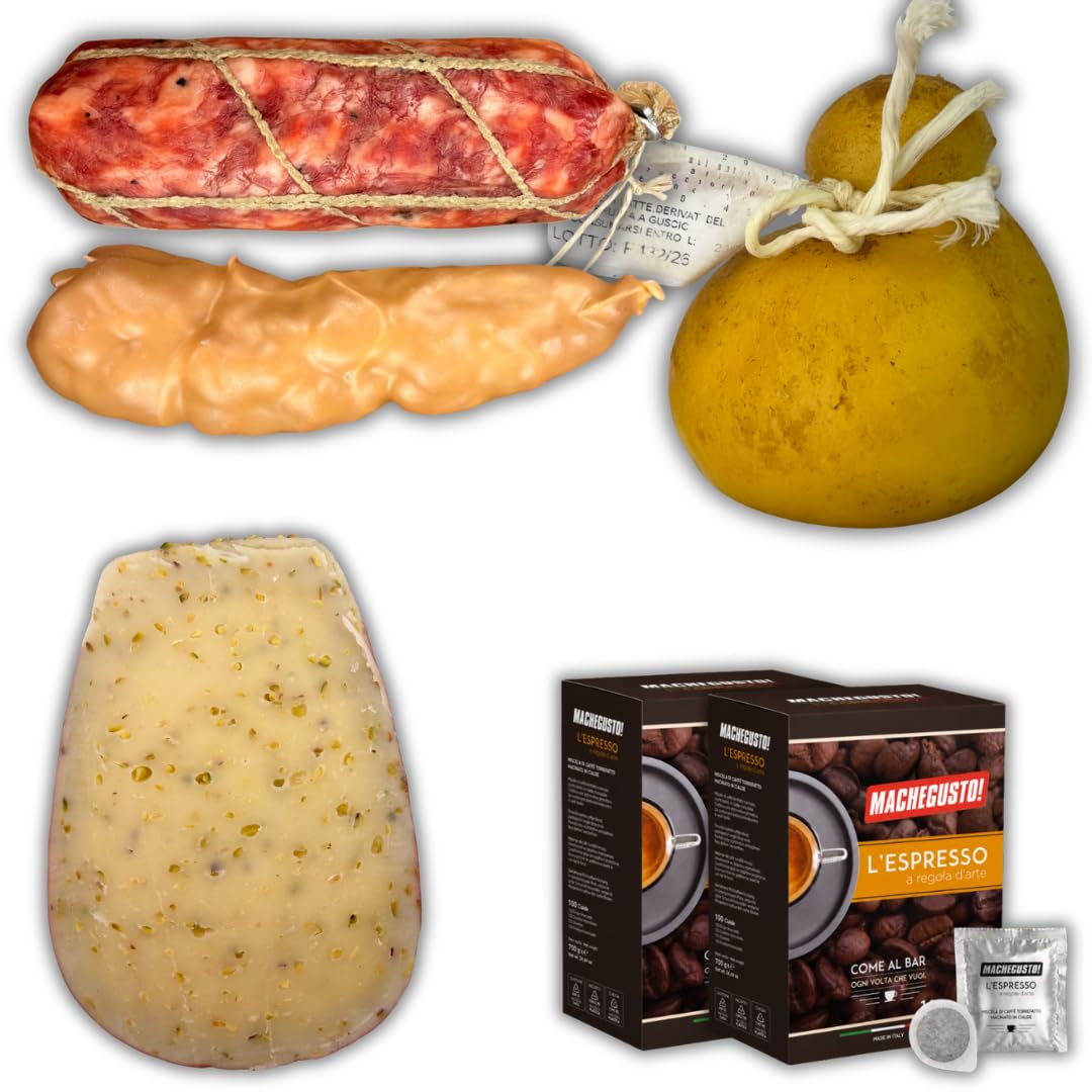 Machegusto! | Italienische Feinkostbox | Trüffelsalami 300g, Soppressata in Bienenwachs 330g, Caciobufala mit Pistazien 500g,Geräucherter Caciocavallo700 g,2xKaffee | Gewicht:1,83 kg+2x100 E.S.E.-Pads