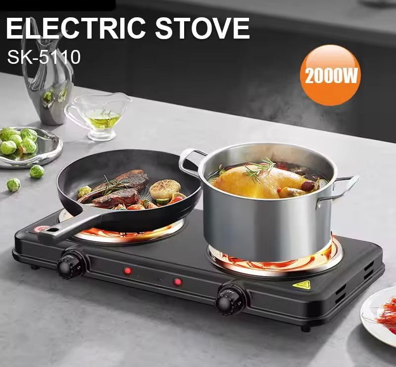 Image of 2000W Electric Double Burner | Adjustable Temperature, Cast Iron | Anti-Rust Double Burners Hot Plate Portable Stove for Home, Hostels, & Commercial Kitchens | 45x23x7 cm | 1-Year Warranty
