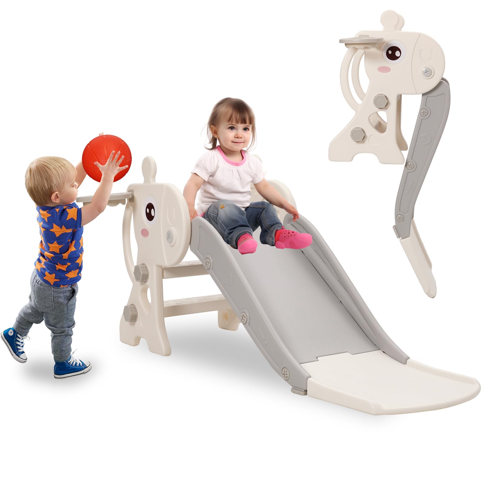 3 in 1 Kids Slide, Deer Shape Toddler Slide with Climber and Basketball Hoop, Foldable Baby Slide, Indoor Outdoor Playground Equipment for Age 1-3