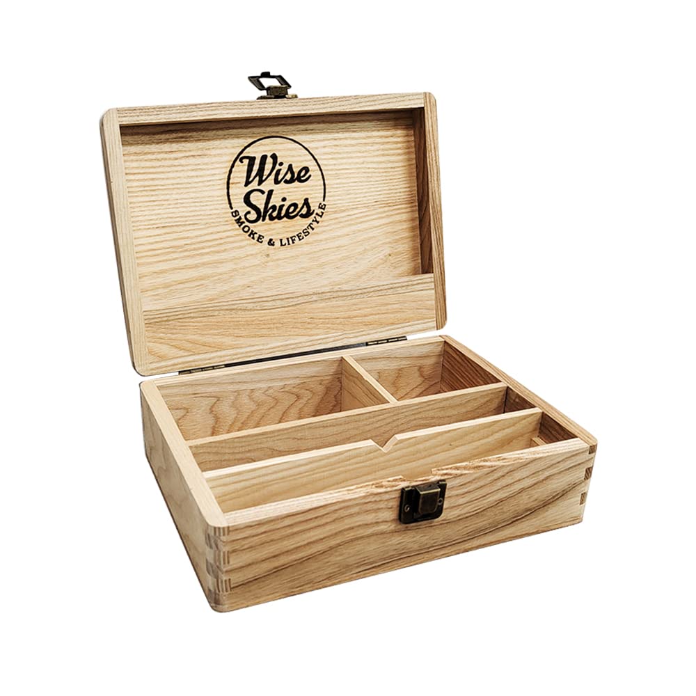 Wise Skies Wooden Rolling Box - Boxes with Hinged Lids Rolling Tray Storage (Large - Natural)