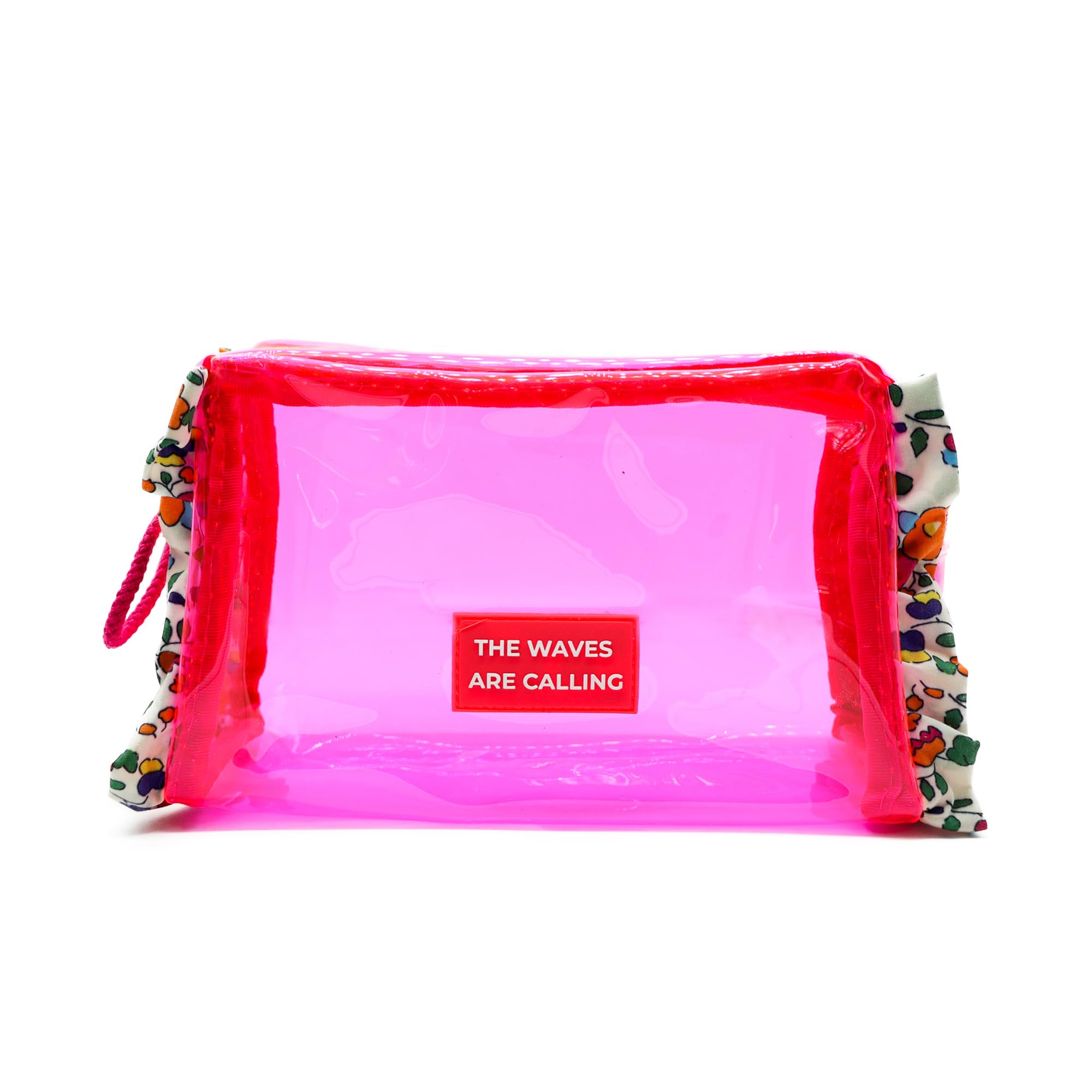 Ponette Neceser de Mujer Grande Plastificado Transparente Fucsia con Remate de Tejido de Flores y Asa Tipo Cordón, Ideal Playa, Piscina, Viaje, Impermeable, Marca Española
