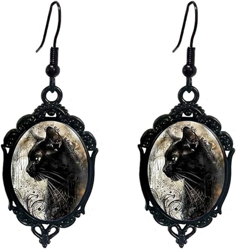 Black Cat Earrings for Women Vintage Gothic Glass Cameo Earrings Cute Cat Dangle Earring Halloween Witch Costume Accessories Holiday Jewelry Christmas Gifts Goth Jewelry for Women