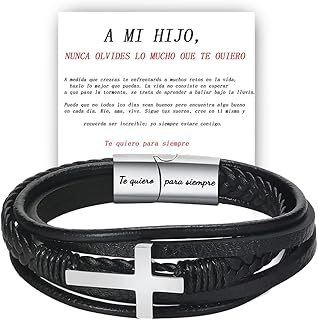 Pulsera con Cruz A Mi Hijo, Te Querré Siempre, Pulsera de Cuero trenzado para Hombre, Regalo de cumpleaños inspirador de mamá a hijo (Plata)