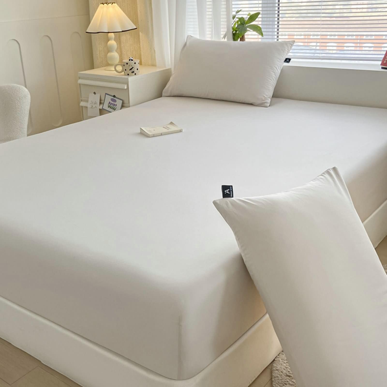 Daesar Sabana Bajera y 2 Fundas Almohada,Sabanas Bajeras Algodón Color Sólido Sábanas Bajeras Beige,150 x 200 cm