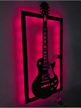 Gitar Led Işıklı Ahşap Tablo Pembe 55x40 cm, elektro