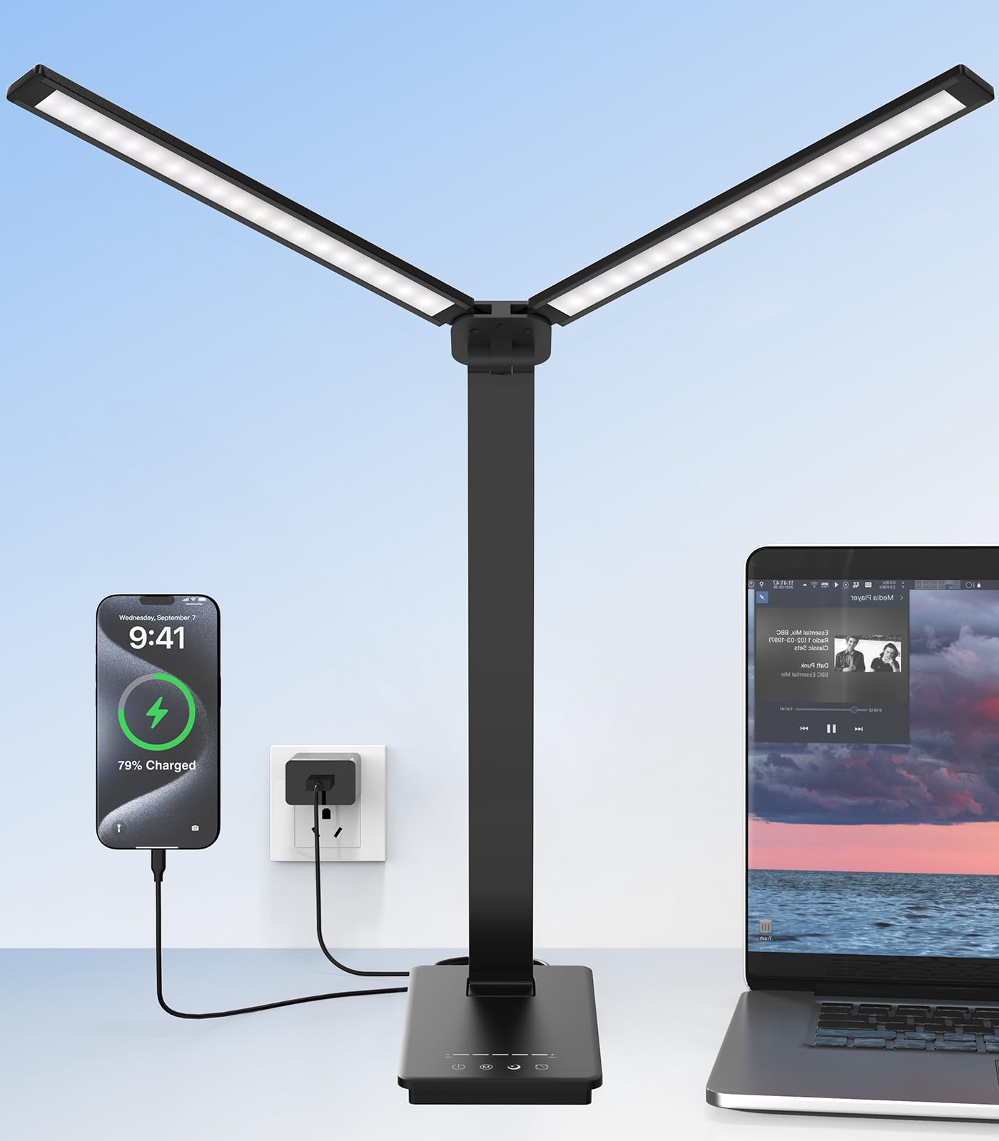 HSicily LED Desk Lamp with USB Charging Port, Black Desk Lamps Bright Desk Light with Night Light, Timer and 5 Light Modes for Home Office College Dorm Room