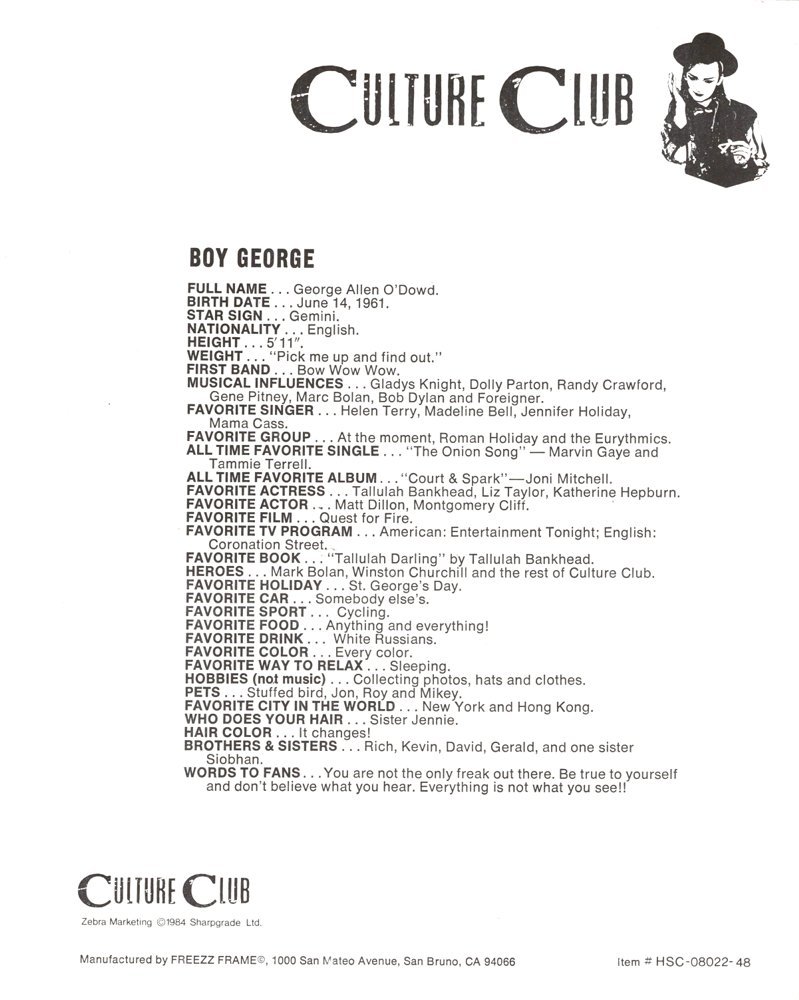 Boy George Culture Club Asian Style Portrait Vintage 80s 20cm x