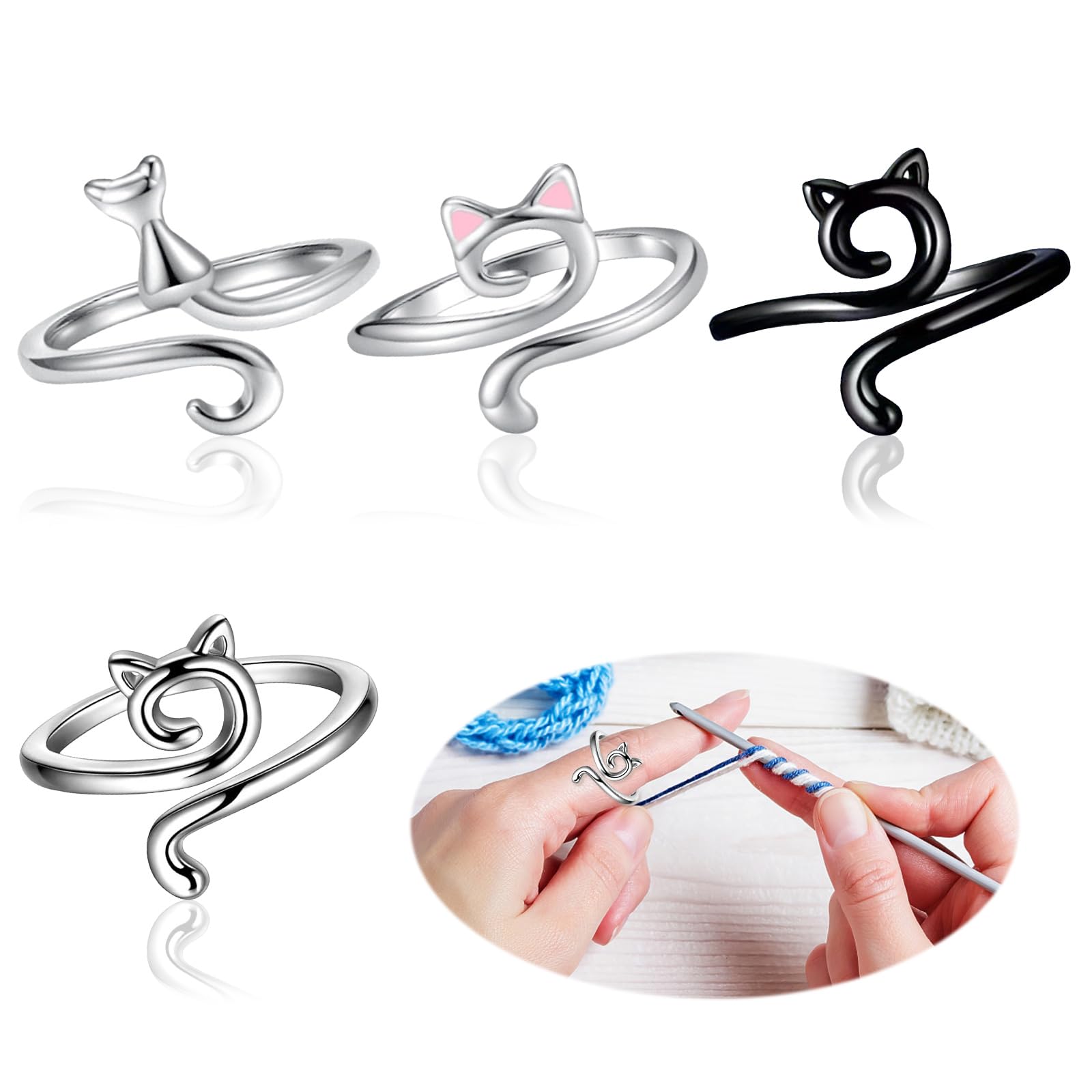 XQMMGOPack of 4 Metal Crochet Rings, Adjustable Hooks, Cat Ear Design, Finger Protection for Knitting and Crocheting