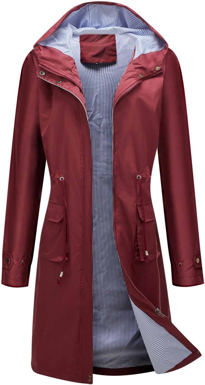Women's Waterproof Rain Jacket Windbreaker Long Hooded Trench Coat Lightweight Striped Lining Outdoor Anorak