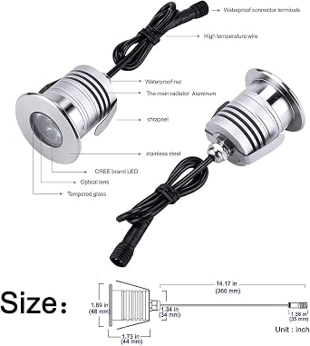 LED Underground Light, IP68 Waterproof LED Underwater Lighting Lamp, 3W DC 12V-24V Stainless Steel Pool Spotlight, Outdoor LEDs Landscape Lights(Warm White,12V) [Energy Class A+]