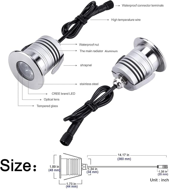 LED Underground Light, IP68 Waterproof LED Underwater Lighting Lamp, 3W DC 12V-24V Stainless Steel Pool Spotlight, Outdoor LEDs Landscape Lights(Warm White,12V) [Energy Class A+]