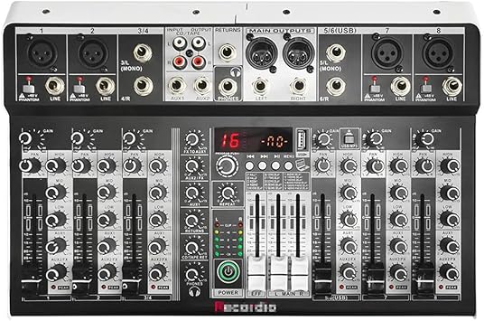 GAX-MF8 8 Channel Audio Mixer 16 Digital Reverb Effect 3 Band Equalizer Mixing Console with USB + 48V Phantom Power