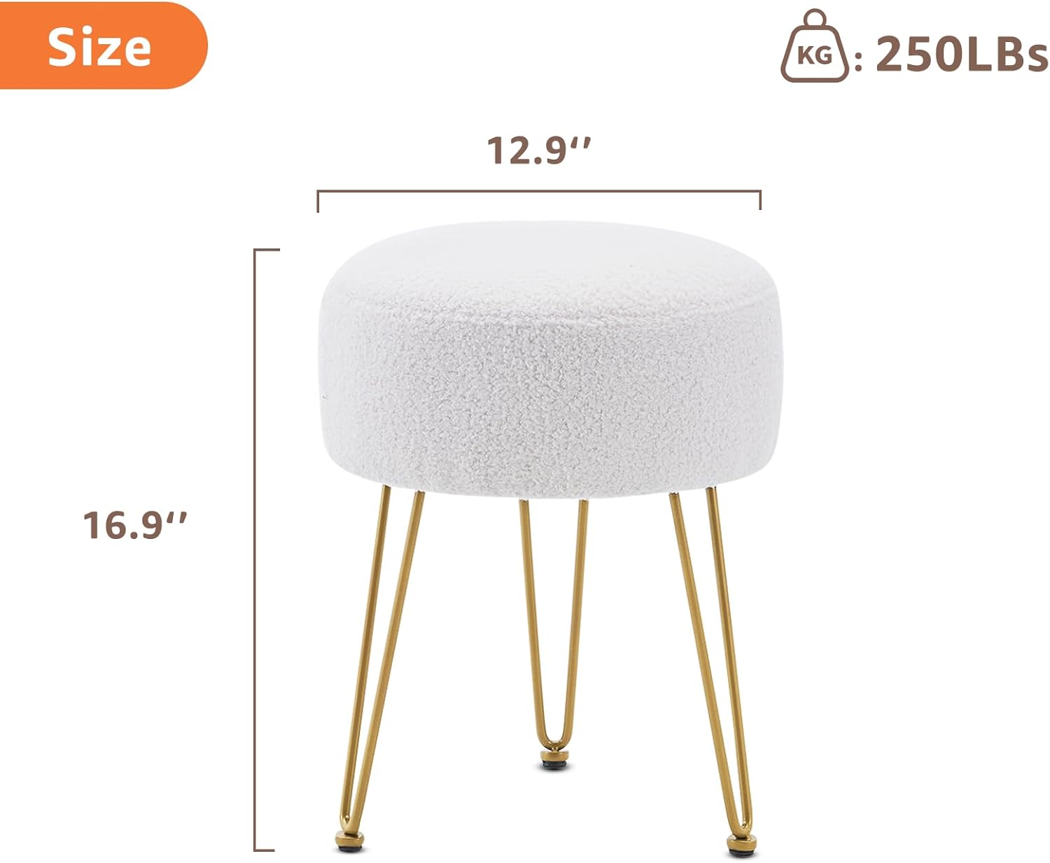 Vanity Stool, Teddy Velvet Ottoman Foot Stool, Dressing Table Seat with Metal Leg Vanity Chair for Bedroom, Living Room, Entryway, Offices