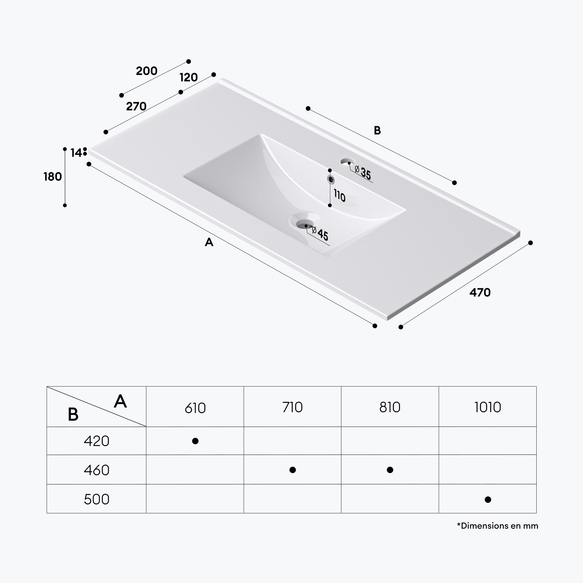 Mai & Mai Lavabo Encastré en Céramique 80cm Blanc Lave Mains Rectangulaire avec Perçage de Robinet et Trop-Plein 81x47x18cm BR912