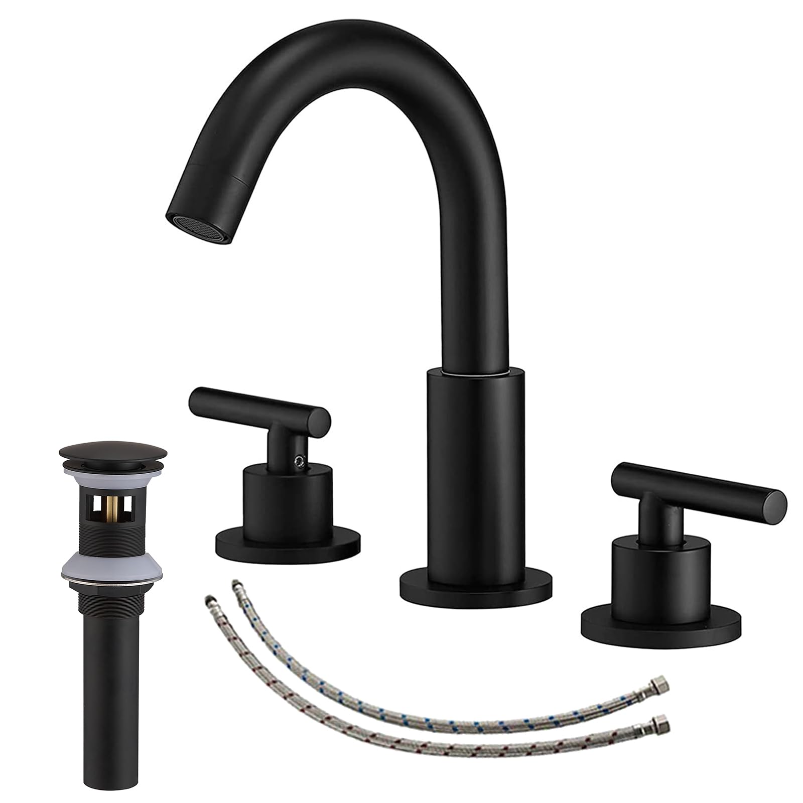 180° Swivel Spout Matte Black Bathroom Faucet 3 Hole 8 Inch Widespread Two Handle Lavatory Vanity Sink Modern with Pop Up Drain with Overflow Set 3 Piece Mixer Tap