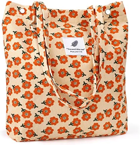 NdenoWomen Tote Bags Grocery Shoulder Bag Corduroy with Inner Pocket for Work Beach Lunch Travel Shopping Shopper Handbags（Orange Flower）
