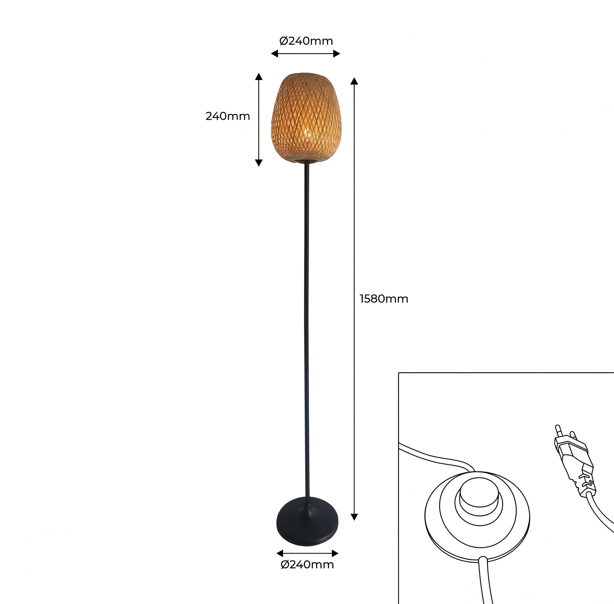 BARCELONA LED NIKKO Stehlampe aus Rattan mit E27 Fassung, Boho Bodenlampe Naturfaser, Handgefertigter Lampenschirm, Schwarzes Metall, Wohnzimmer Schlafzimmer Esszimmer Leselampe