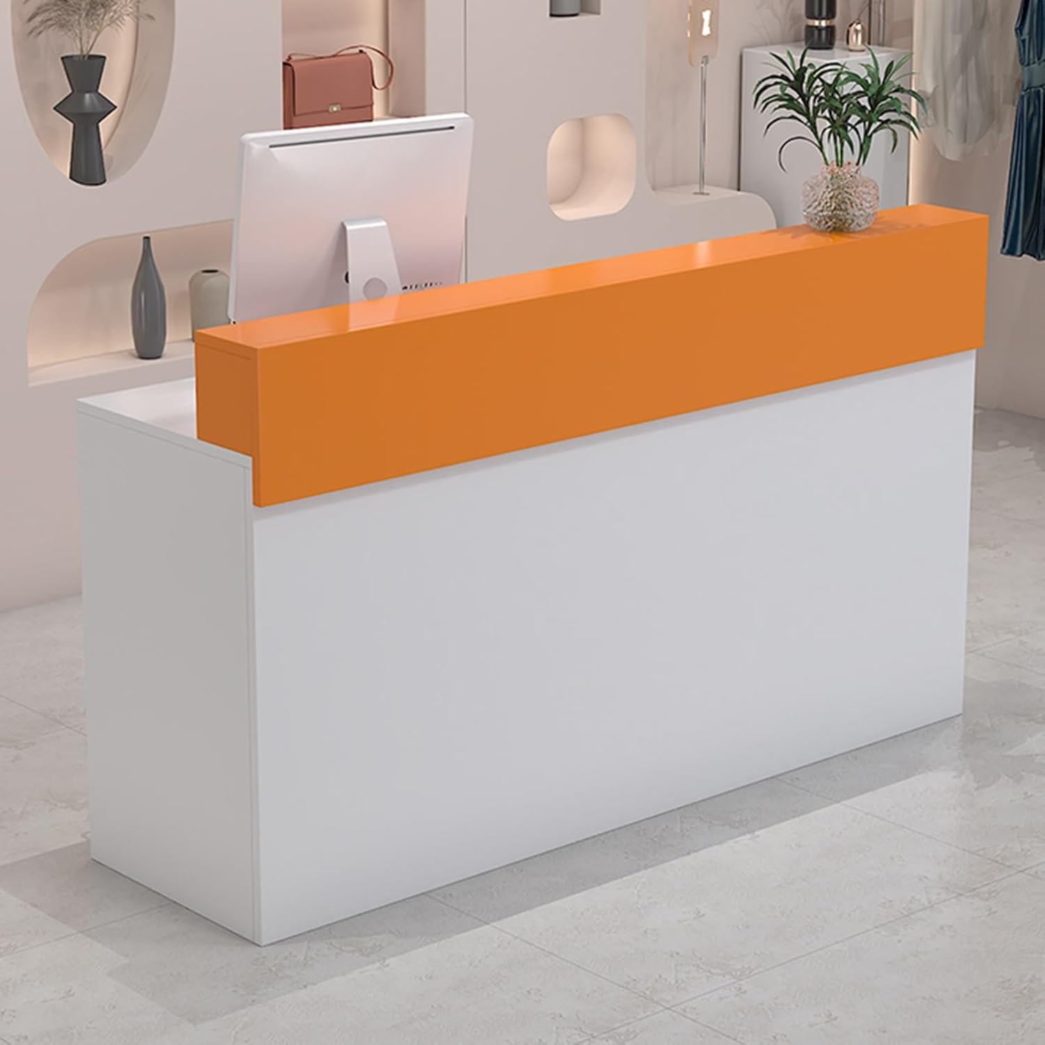 Reception Desk with Counter,Modern Front Desk with Lockable Drawer,37.4" H Wooden Retail Checkout Counter for Office Reception Room Beauty Salon Lobby(White Orange