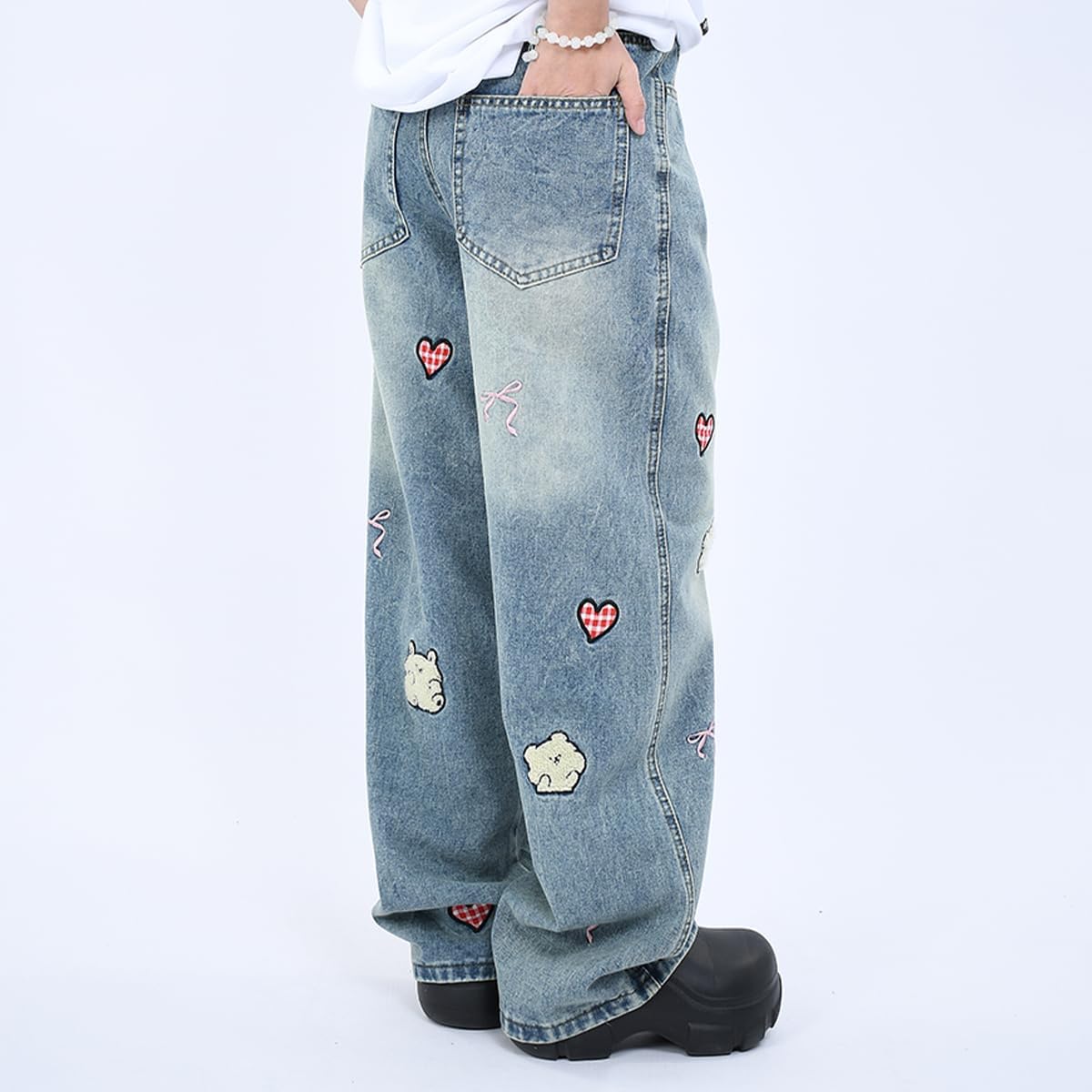 Fashion Kawaii High Waisted Straight Leg Jeans for Women Y2K Cute Printed Embroidered Patchwork Denim Pants