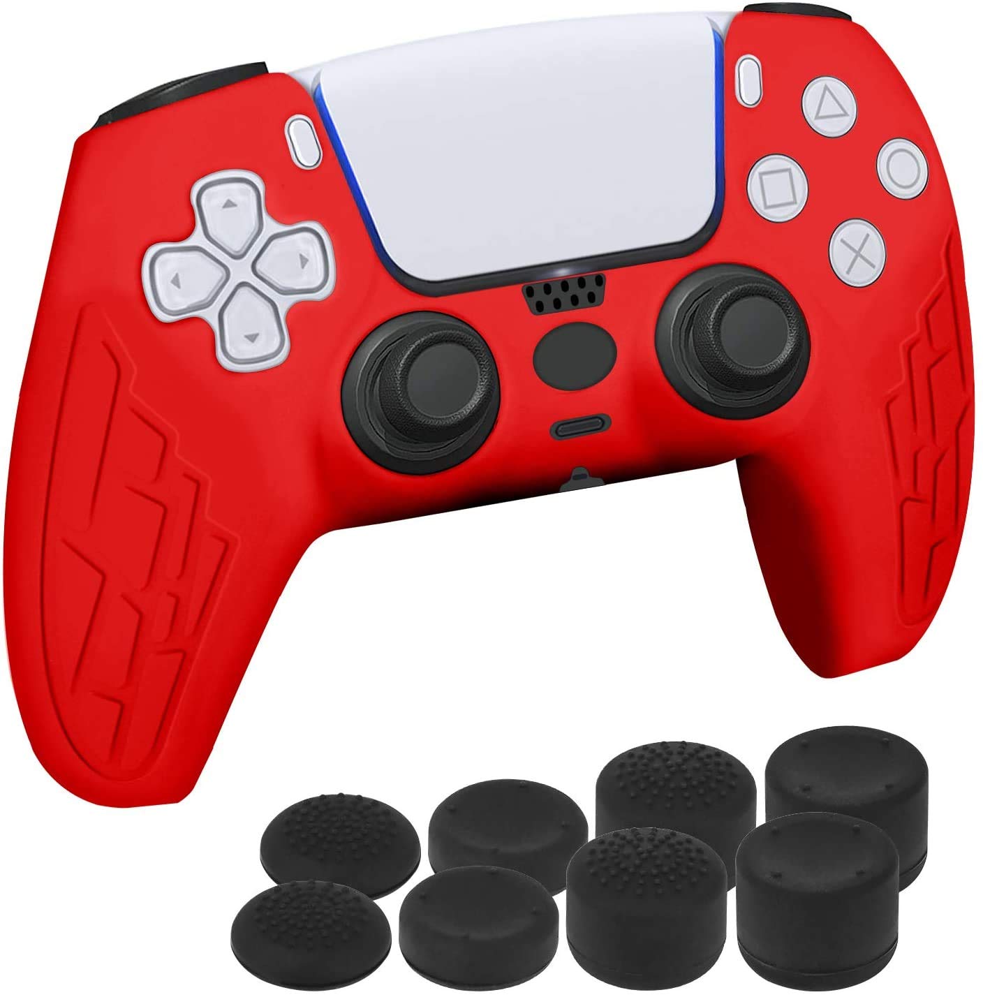 Rock Pow Thicken Grip Silicone Skin Case Anti-Slip Protector Cover with 8 Thumb Grips for Ps5 (Red)