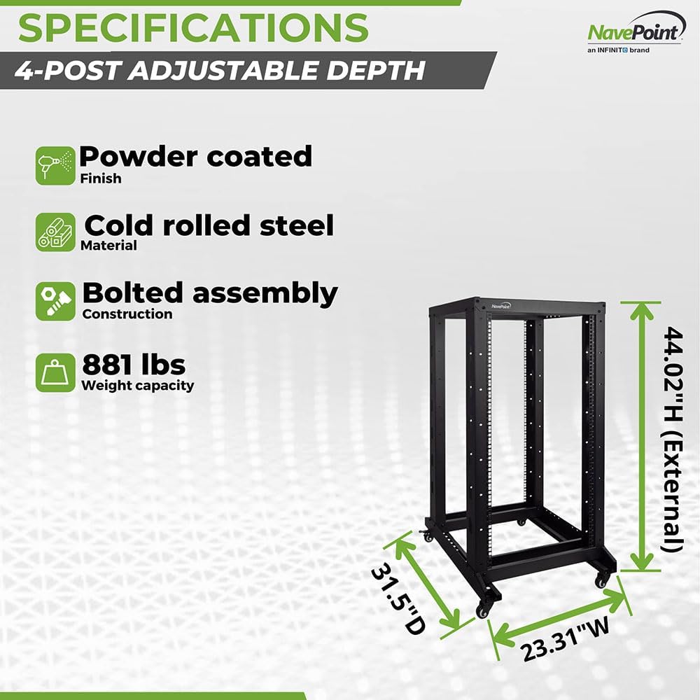 NavePoint 22U Professional 4-Post IT Open Frame Server Network Relay Rack 800mm Casters Black - Image 4