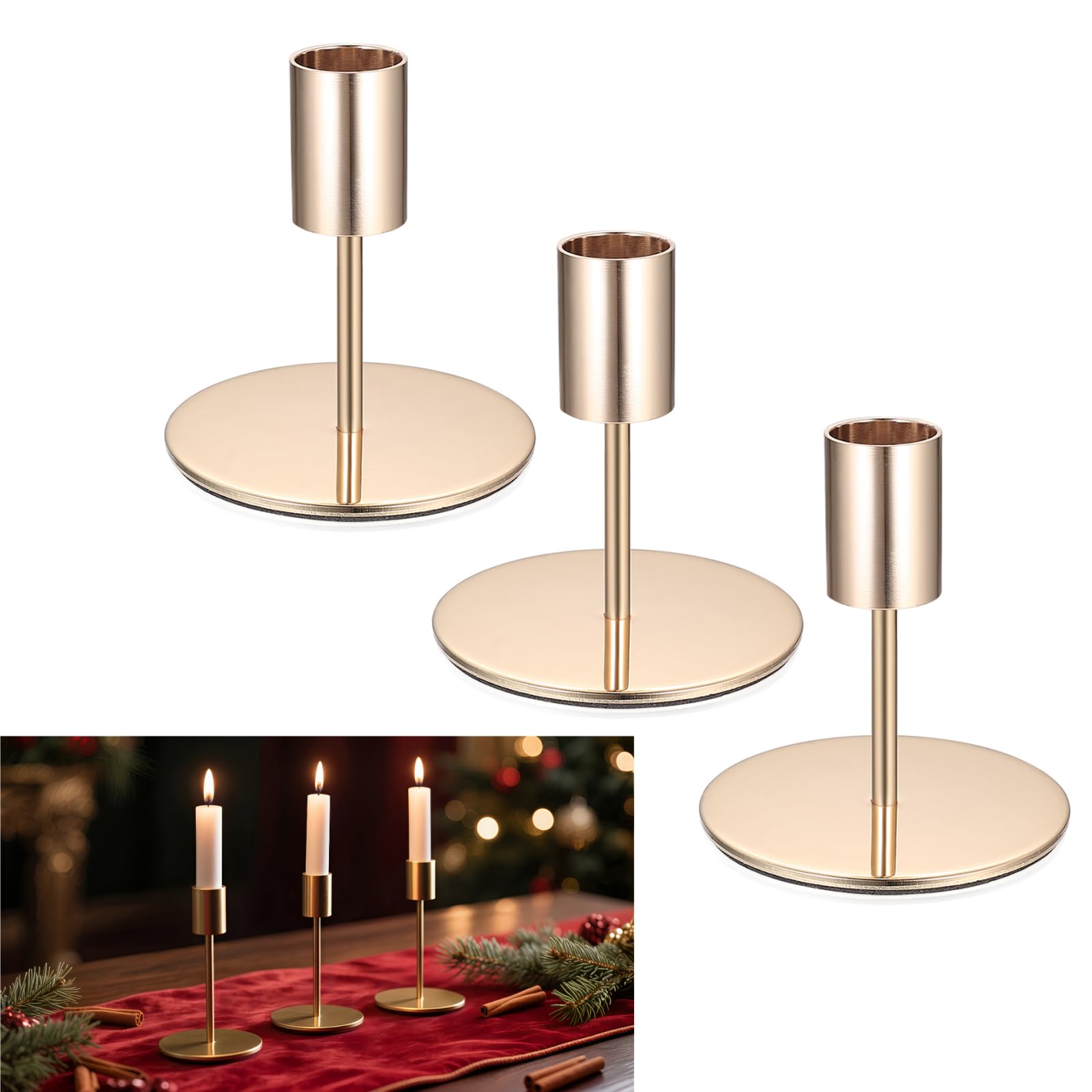 3 Pcs Gold Kerzenhalter, Vintage Gold Kerzenhalter für Kegel Kerze Stand Halter, Metall Kerze Sticks Halter für Home Dinner Hochzeit Party Tabletop Dekor Housewarming Geschenk 8,5cm