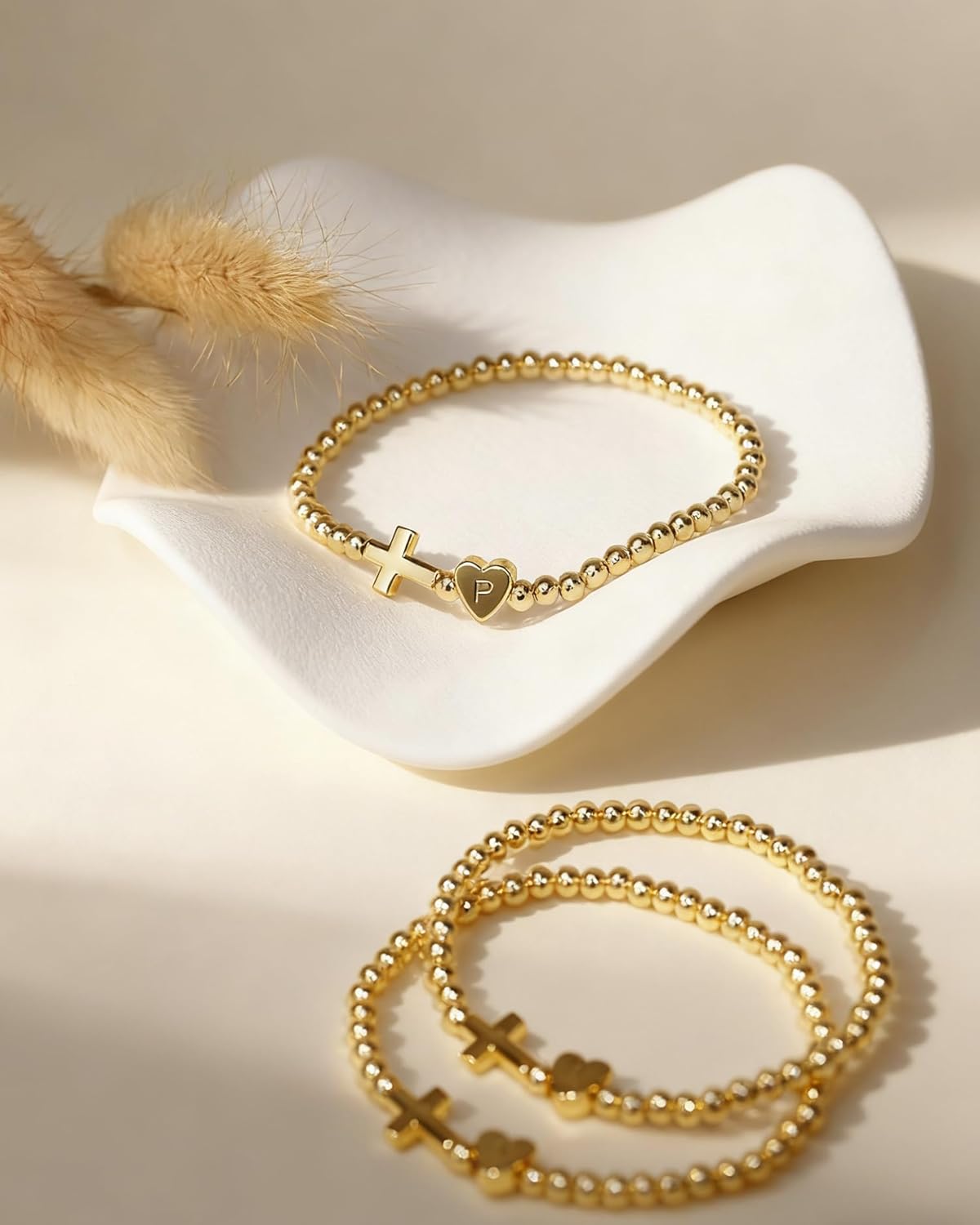 TLY Cross Bracelets for Women Initial Beaded Stretch Elastic Heart Bracelet 14K Gold Plated Dainty Trendy Friendship Bracelets Stack Stocking Stuffers for Women Teens A-Z Letter Charm Bracelet Valentines Day Jewelry gifts - Image 9