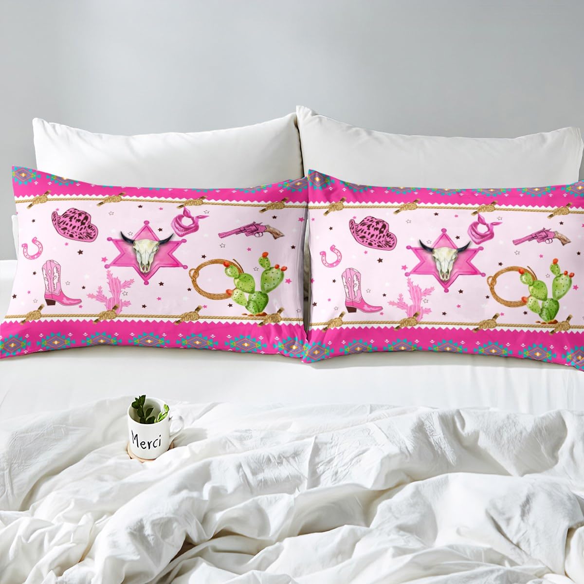 Set Biancheria Da Letto 7 Pezzi Bambini Con Motivo Cowboy Occidentale – Piumone, Lenzuolo Con Angoli, 2 Federe 50x76 E 2 Federe 45x45 – Stile Rustico Blu Retrò
