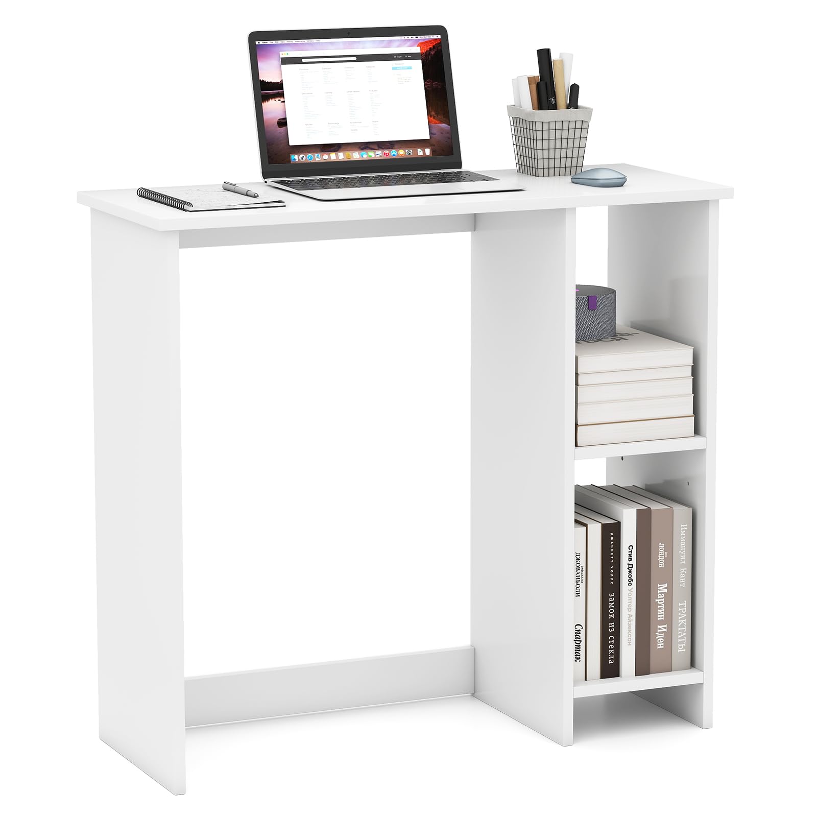 IFANNY White Computer Desk, Modern Writing Desk with Storage Shelves, Compact Gaming Table, Wood Home Office Desks, Small Desk for Bedroom, Living