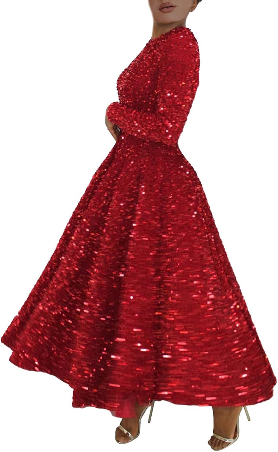 Women Sparkly Sequin Midi Dress,Long Sleeve High Waist Party Dresses